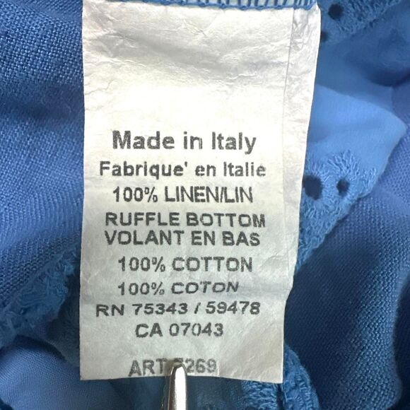 TERZO MILLENNIO‎ Italian Linen Blue Short Sleeve Blouse Embroidered Ruffle Hem L - Picture 7 of 7